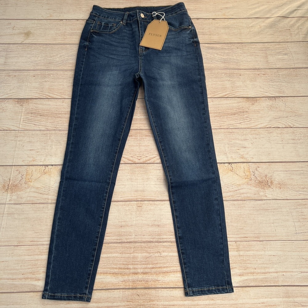 FLVSUN Women's Skinny Dark Wash Cotton Blend Blue Denim Jeans Size 2XL 28X28